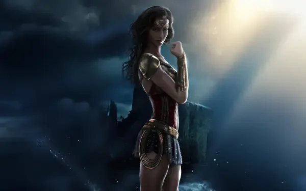 Digital art of Wonder Woman superhero standing in a dramatic moonlit landscape, rendered as a 5K Ultra HD PC desktop wallpaper background.