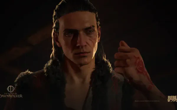 Portrait of a stern man from the video game The Blood of Dawnwalker, blood-marked hand raised, dramatic low-key lighting, 4K Ultra HD PC desktop wallpaper/background.