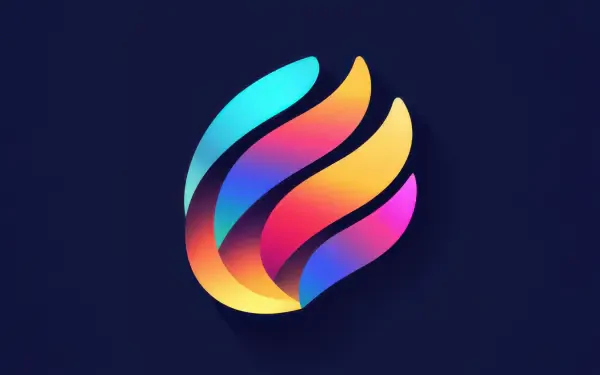 Abstract flame-shaped gradient emblem in cyan, blue, purple, pink and orange on a deep navy field — 4K Ultra HD PC desktop wallpaper and background.