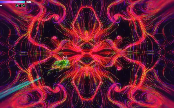 ETRE video game abstract fractal pattern: neon pink and red symmetrical swirls with a small green creature emitting a light streak, 4K Ultra HD PC desktop wallpaper/background.