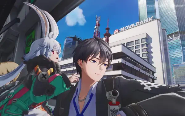 Video game 2K Quad HD PC desktop wallpaper: anime Captain (Ananta) looking over a futuristic city with a white‑haired companion and skyscrapers.