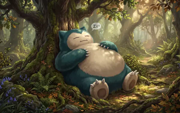 Snorlax (Pokémon) sleeping against a tree in a sunlit, detailed forest — 5K Ultra HD PC desktop wallpaper and background.