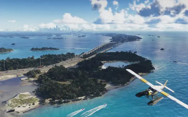 4K Ultra HD PC wallpaper: Grand Theft Auto VI video game scene of a seaplane flying over a tropical island with a long bridge and boats, vivid blue ocean and scattered islets.
