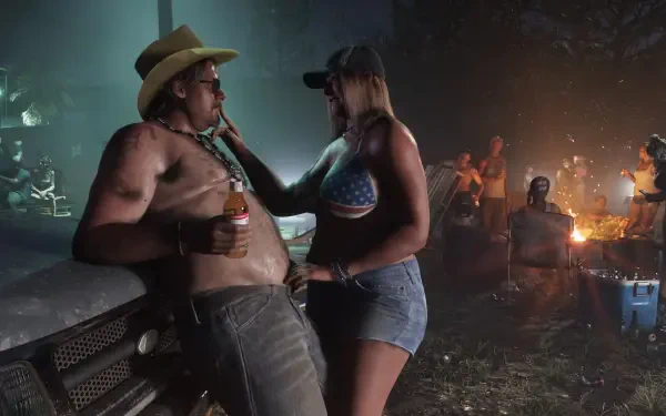 Grand Theft Auto VI video game 4K Ultra HD PC wallpaper/background: a couple—a shirtless man in a cowboy hat and a woman in a tank top—flirt at a rowdy outdoor party by a bonfire.