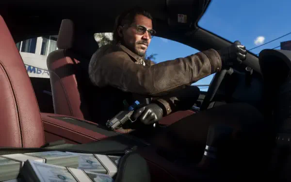 Grand Theft Auto VI 4K Ultra HD PC desktop wallpaper: man driver in a luxury car, sunglasses, handgun and cash on the seat — Grand Theft Auto video game action scene.