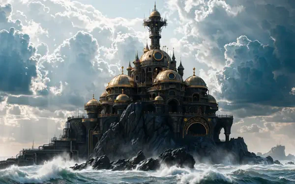 4K Ultra HD PC wallpaper: a sci-fi castle on a rocky island rising from a turbulent ocean beneath a dramatic, cloud-filled sky.