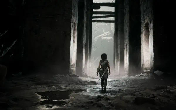 HD PC desktop wallpaper from the video game Resonance: A Plague Tale Legacy - lone silhouette walking through a ruined hall toward distant light.