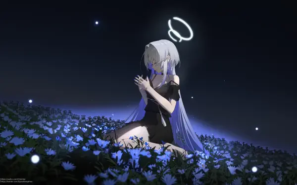 4K Ultra HD Digital Art PC desktop wallpaper/background: an anime girl with long purple hair and a glowing halo kneels amid luminous blue flowers under a quiet, star-speckled night.