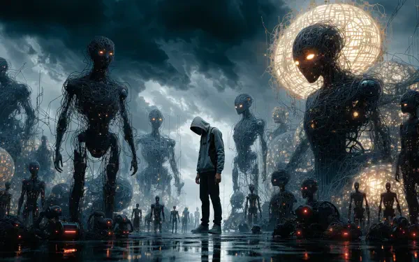 Alien Science Fiction 4K Ultra HD PC desktop wallpaper/background: hooded figure surrounded by towering wireframe-skinned humanoid aliens with glowing eyes and halo-like lattices under a stormy, reflective sky.