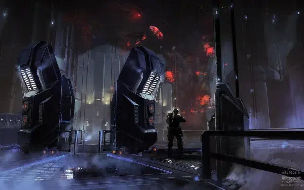Halo 3: ODST video game HD PC desktop wallpaper and background — lone ODST trooper in a rain-soaked, neon-lit urban ruin beneath towering alien structures and a red-lit sky.