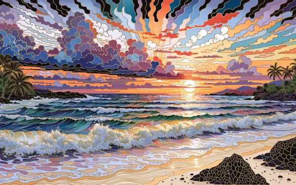 Artistic tropical sunset over a vibrant beach and ocean with stylized waves, clouds, palm trees and rocky shore — 2K Quad HD PC desktop wallpaper and background.