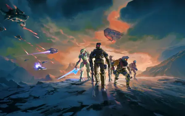 Halo 5K Ultra HD PC desktop wallpaper/background: armored Spartans and alien allies stride across a shattered landscape under a fiery sky, ships and energy weapons streaking overhead.