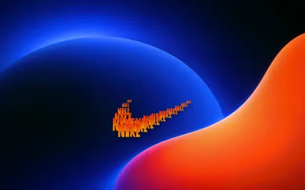 Abstract 4K digital art PC wallpaper: glowing blue orb and flowing orange form with a stylized Nike swoosh built from stacked orange blocks on a dark background.