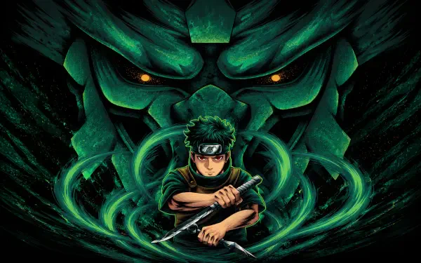 Shisui Uchiha (Naruto) anime 4K Ultra HD PC wallpaper: crouched with blade, green chakra swirling around him as an ominous demonic mask looms behind, orange eyes glowing.