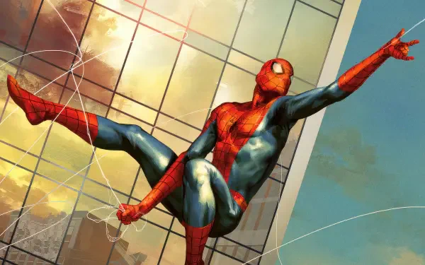 Spider-Man superhero in dynamic pose, clinging to a glass skyscraper against a sunlit city sky — 4K Ultra HD PC desktop wallpaper background.