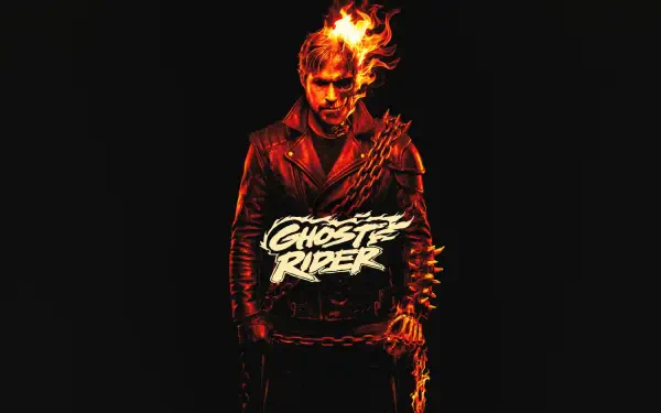 Ghost Rider — flaming-headed, leather-clad figure on a black background; 5K Ultra HD PC desktop wallpaper and background.