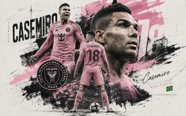 4K Inter Miami CF MLS soccer desktop wallpaper: pink, gritty montage of a No.18 midfielder in club kit, large portrait, club crest and dynamic brush-stroke background.