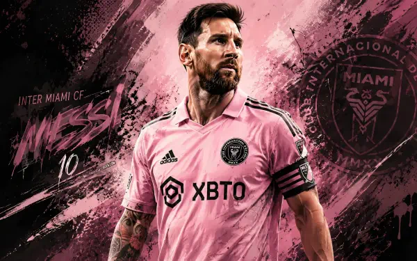 4K Ultra HD desktop wallpaper of an Inter Miami CF MLS soccer star in a pink #10 kit with armband, posed against a dramatic pink-and-black textured background featuring the club crest.