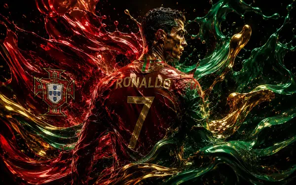 4K Ultra HD soccer desktop wallpaper: back view of a number 7 player in Portugal kit surrounded by swirling red and green liquid effects.