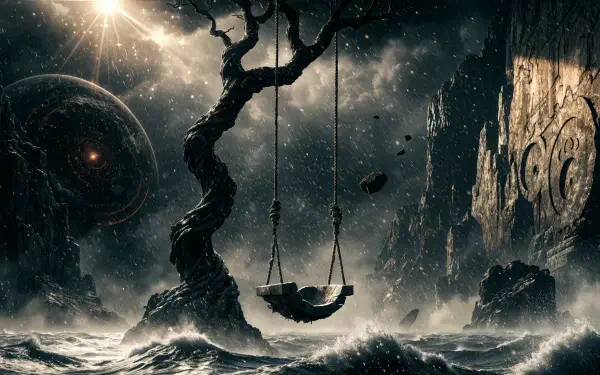 4K Ultra HD PC desktop wallpaper: a gnarled tree with a hanging swing over a storm-tossed ocean, dramatic waves and rocky cliffs beneath a stormy, otherworldly sky.