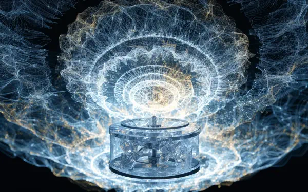 Abstract futuristic music box emitting swirling energy currents and luminous filaments, high-detail technological forms — 4K Ultra HD PC desktop wallpaper background.