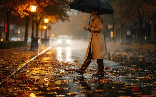4K Ultra HD PC desktop wallpaper: woman in a trench coat with an umbrella crossing a rain‑slick fall street strewn with wet leaves and glowing lampposts.