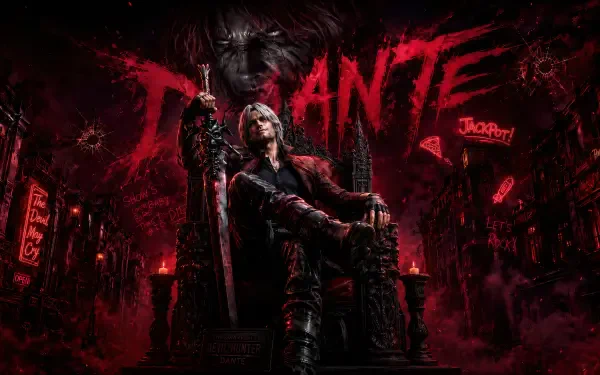 Devil May Cry 5 — Dante perched on a throne with sword raised, surrounded by a crimson, demonic cityscape. 4K Ultra HD PC desktop wallpaper background.