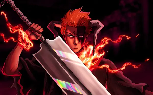 Ichigo Kurosaki from Bleach: Thousand-Year Blood War with bankai active — red-haired Ichigo wielding a massive blade surrounded by fiery aura, 5K Ultra HD PC desktop wallpaper.