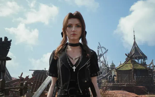 Final Fantasy VII Rebirth 4K Ultra HD PC desktop wallpaper showing Aerith standing center in a sunlit village, blue sky overhead and fantasy-style buildings lining the background.