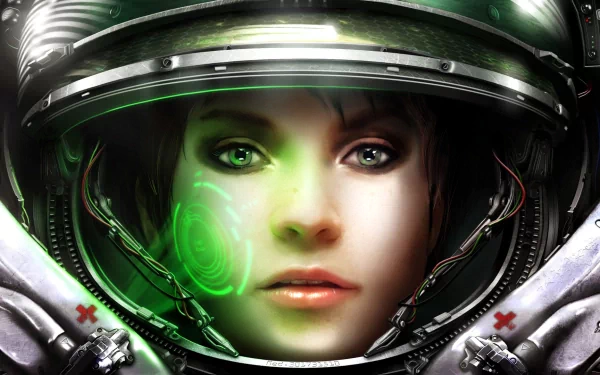 HD PC desktop wallpaper featuring a close-up of a Starcraft video game character in a futuristic helmet with green holographic display elements.