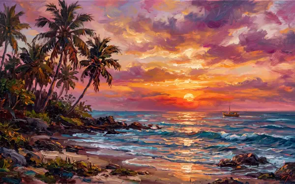 5K Ultra HD PC desktop wallpaper of a tropical sunset over ocean beach with palm trees, vivid clouds, waves on a rocky shore and a distant sailboat.