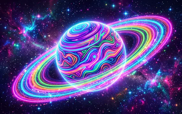 Vibrant neon Saturn-like planet with swirling multicolor rings against a starry galaxy backdrop — 5K Ultra HD PC desktop wallpaper and background.