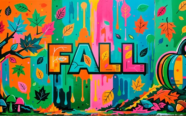 Colorful graffiti mural reading FALL with dripping paint, scattered autumn leaves, a pumpkin and mushrooms — 4K Ultra HD PC desktop wallpaper and background.