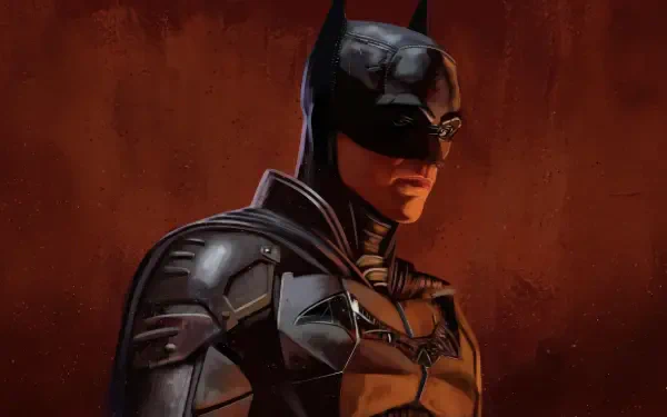 5K Ultra HD digital art PC wallpaper of Batman — brooding armored superhero in a dark cowl against a textured crimson background.