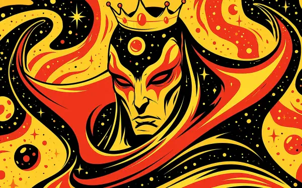 2K Quad HD PC desktop wallpaper of a royal demon king wearing a crown, fiery red-and-gold flames and cosmic stars swirling around a stern demonic face.