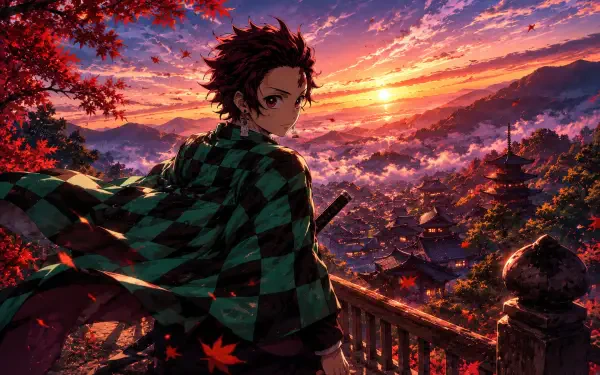 Tanjiro Kamado from the anime stands on a wooden balcony at sunset, sword at his side, green-black checkered haori and falling red maple leaves — 4K Ultra HD PC desktop wallpaper background.