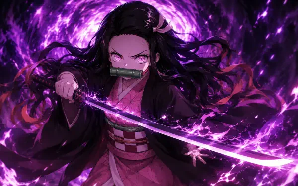 Nezuko Kamado (anime) charges forward with a glowing purple blade and swirling aura, vivid 4K Ultra HD PC desktop wallpaper background.