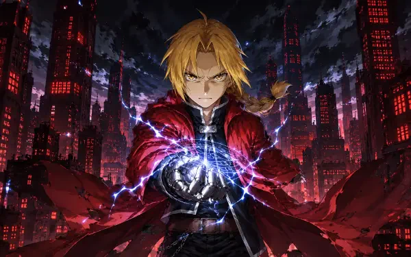 Edward Elric (anime) in a red coat channeling crackling alchemy from his hand against a neon-lit ruined city skyline — 4K Ultra HD PC desktop wallpaper and background