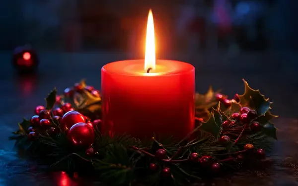4K Ultra HD PC desktop wallpaper and background: glowing red Christmas candle surrounded by holly and berries, its warm flame casting festive light.
