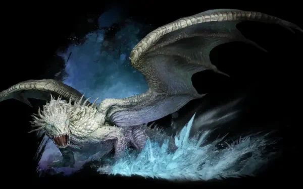 8K Ultra HD PC desktop wallpaper of a snarling white dragon from Dragon's Dogma 2: Dark Arisen bursting from icy water, wings unfurled and claws cutting through a storm-dark backdrop.