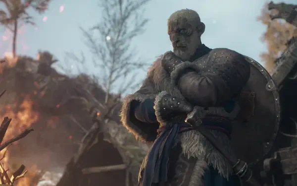 Burly Viking warrior in fur-lined armor and round shield, arms crossed amid fire and snow — Dragon's Dogma 2 Dark Arisen 4K Ultra HD PC desktop wallpaper.