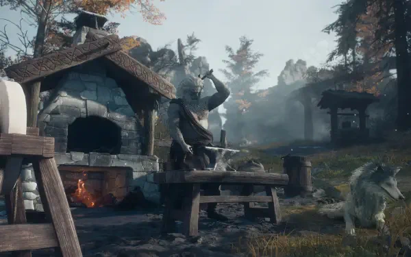 Dragon's Dogma 2 Dark Arisen 4K Ultra HD PC desktop wallpaper: misty village square with a weathered statue, hearth ovens, timber cottages and a wolf in the foreground.