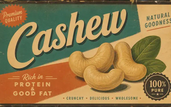 4K Ultra HD PC desktop wallpaper of vintage cashew nut snack packaging: bold Cashew title, three cashew nuts with leaves, rich in protein & good fat text and a 100% pure badge.
