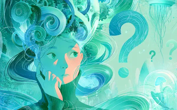 Artistic illustration of a contemplative woman with swirling teal hair and question marks, 2K Quad HD PC desktop wallpaper and background.