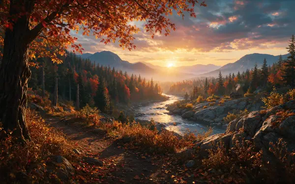 4K Ultra HD PC desktop wallpaper: fall forest landscape with a sunlit river winding through autumn trees toward distant mountains at sunset.