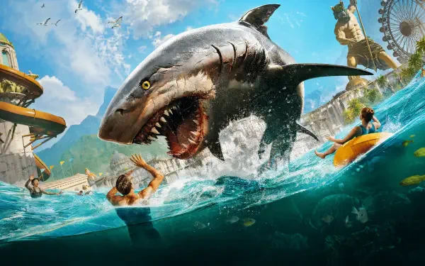 Maneater 2: massive shark lunges from a splash in a chaotic water park as swimmers and riders flee; 4K Ultra HD PC desktop wallpaper and background.