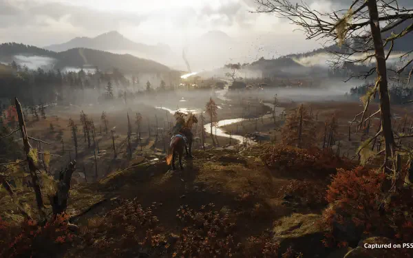 Ghost of Yōtei 4K Ultra HD PC desktop wallpaper: a fog-wreathed forested valley with a winding river, distant mountains, and a lone rider overlooking the misty landscape.