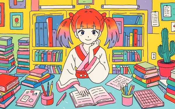 4K Ultra HD anime wallpaper of a smiling girl with red twin-tails studying at a desk surrounded by open books, pens and colorful bookshelves—PC desktop background.