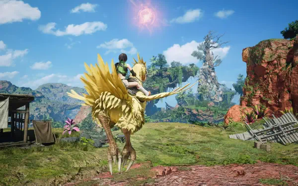 Yuffie Kisaragi from Final Fantasy VII Revelation rides a chocobo across lush hills beneath a bright sky — 4K Ultra HD video game PC desktop wallpaper/background.