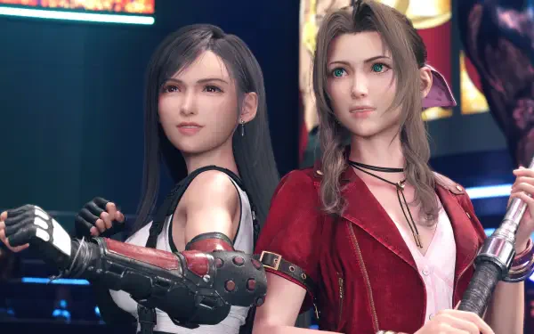 4K Ultra HD PC wallpaper of Final Fantasy VII's Tifa Lockhart and Aerith Gainsborough in detailed game-rendered style, standing side by side with weapons and neon city lights behind them.